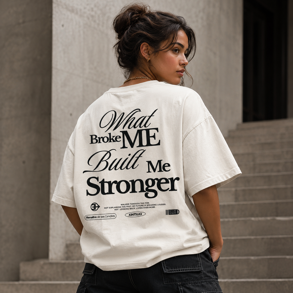 Person wearing a white t-shirt with motivational text on the back, standing outdoors.