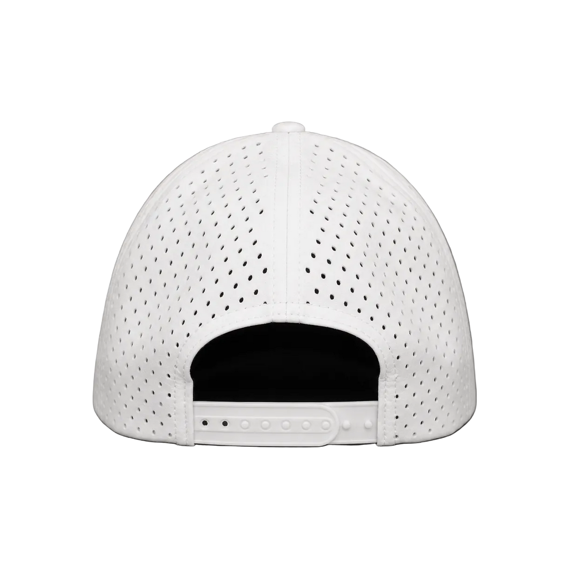 White perforated snapback cap shown from the back on a neutral gray background.