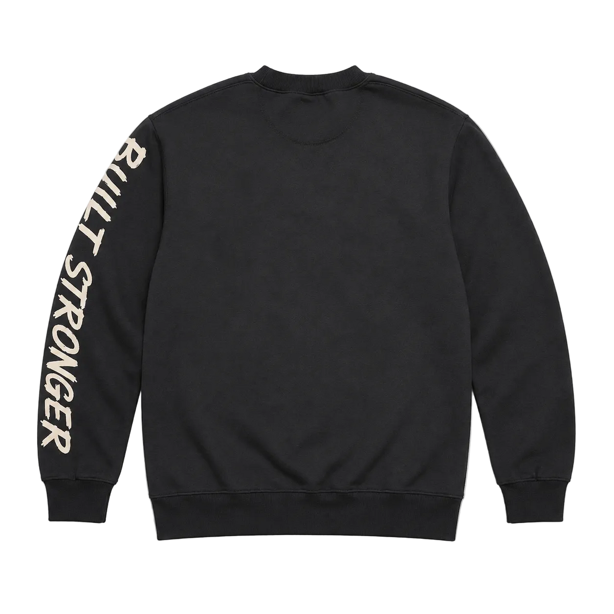 A black crewneck sweatshirt shown from the back, featuring the words 'BUILT STRONGER' printed vertically in a light beige or off-white color down the left sleeve, set against a plain light gray background.