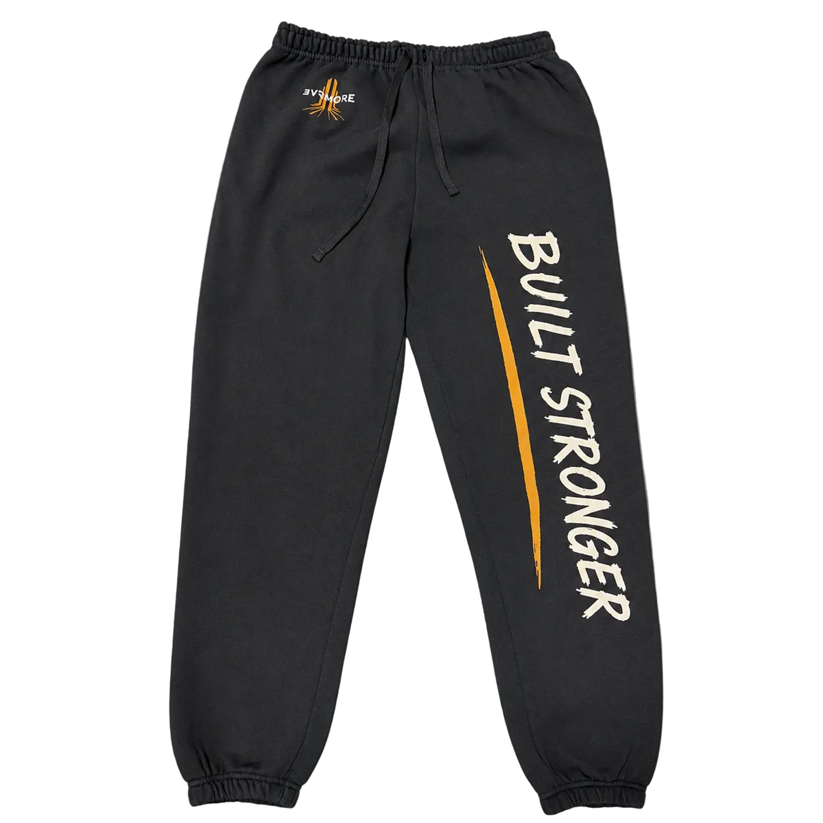 Dark gray sweatpants with a drawstring waist and elastic cuffs, featuring a vertical white 'BUILT STRONGER' text graphic with an orange accent stripe on the left leg, and a small orange logo on the right hip.