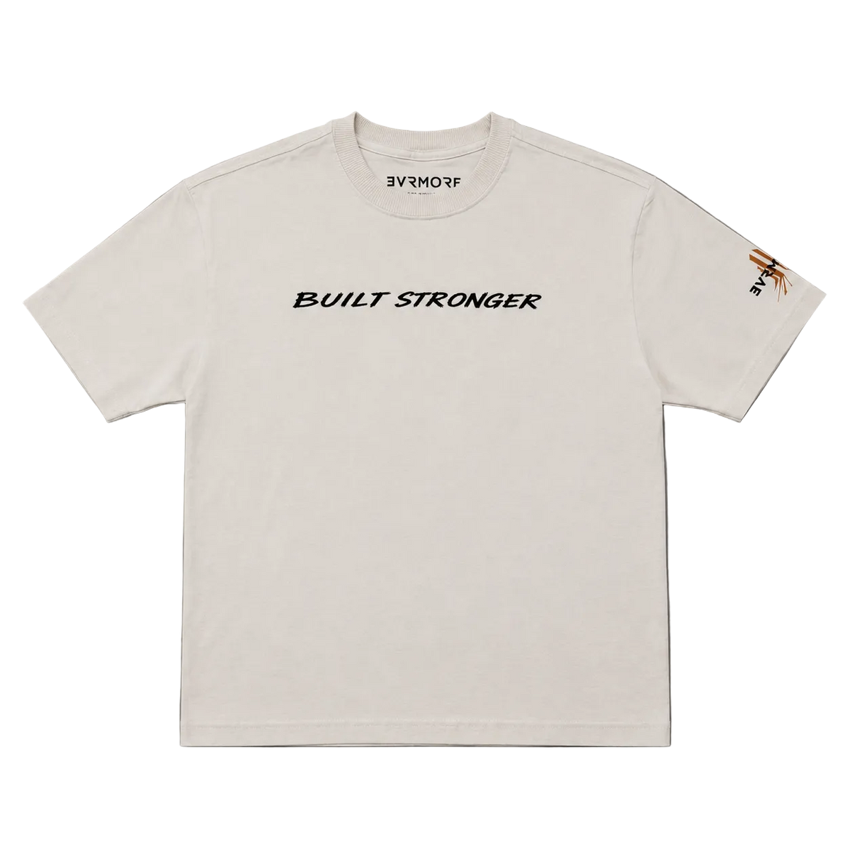 An off-white short-sleeve t-shirt with 'BUILT STRONGER' printed in black across the chest, featuring a small orange and black graphic on the right sleeve, laid flat on a gray background.