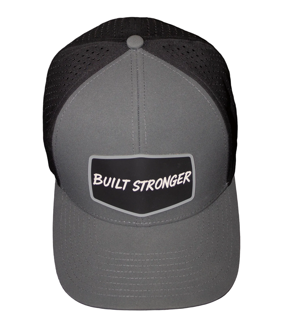 A gray and black trucker-style cap with a front patch reading 'BUILT STRONGER' in white text, photographed against a dark background.