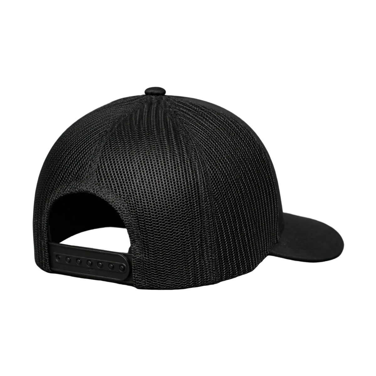 A black trucker-style baseball cap with a structured mesh back and curved brim, photographed from the rear on a neutral gray background.