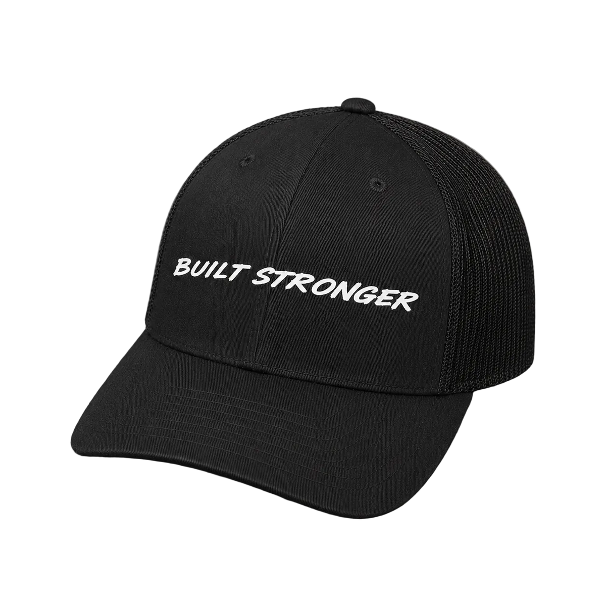 A black trucker-style baseball cap with white embroidered text reading 'BUILT STRONGER' on the front, shown against a plain gray background.