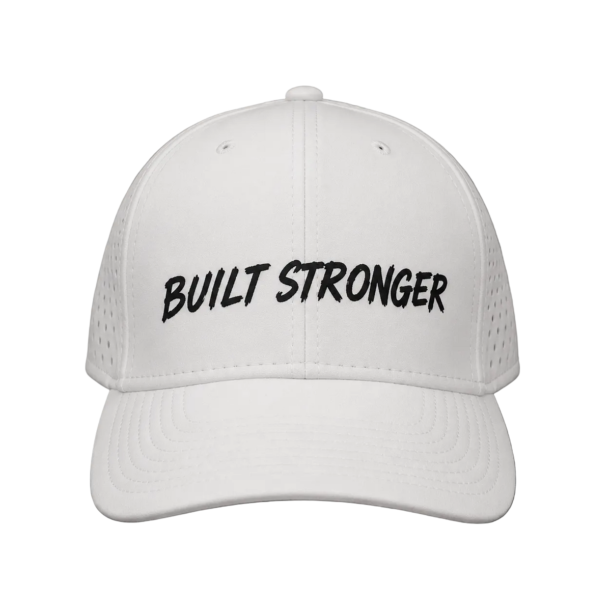 A white baseball cap with 'BUILT STRONGER' embroidered in black script across the front, set against a solid gray background.