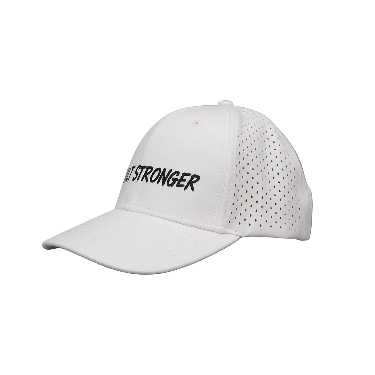 A white baseball cap with perforated back panels and black embroidered text reading 'JUST STRONGER' on the front, photographed on a neutral gray background.
