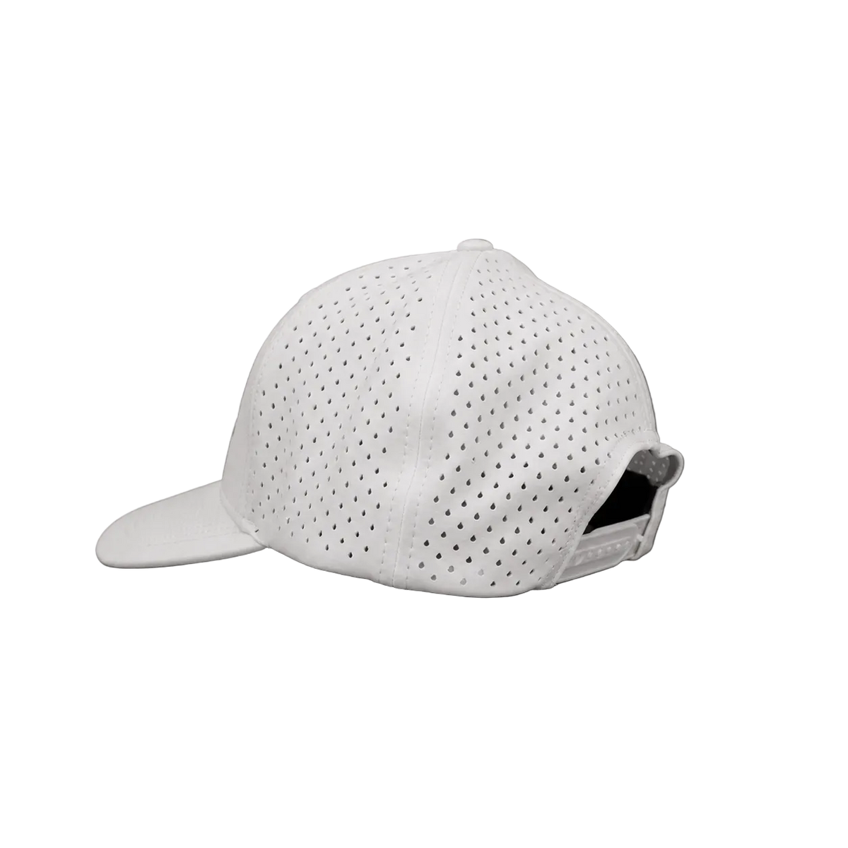 A white baseball cap with a perforated mesh pattern on the front panels and a curved brim, shown from a three-quarters angle against a solid gray background.