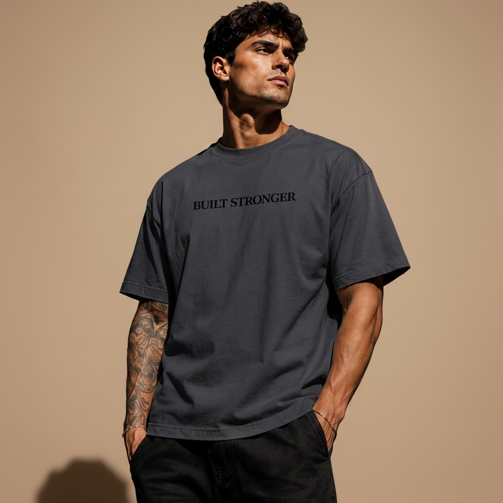 Man wearing a gray t-shirt with 'BUILT STRONGER' text against a dark background