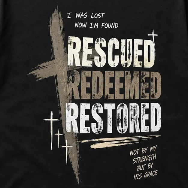 A distressed Christian-themed graphic with the words 'RESCUED', 'REDEEMED', and 'RESTORED' in white and textured brown lettering, overlaid with a large gray cross and smaller text reading 'I WAS LOST NOW I'M FOUND' and 'NOT BY MY STRENGTH BUT BY HIS GAVE'.
