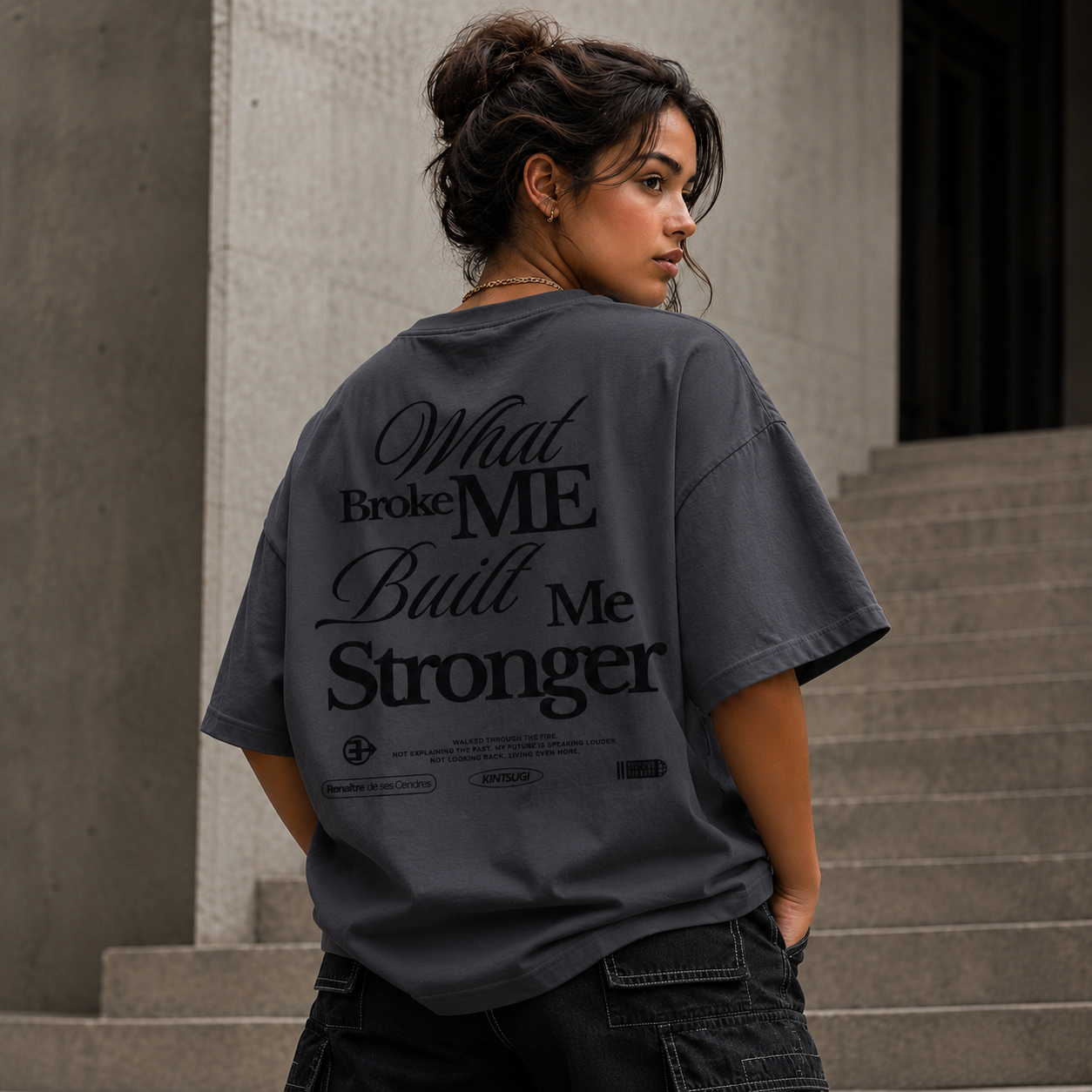 Person wearing a t-shirt with 'What Broke Me Built Me Stronger' text on the back, standing outdoors.