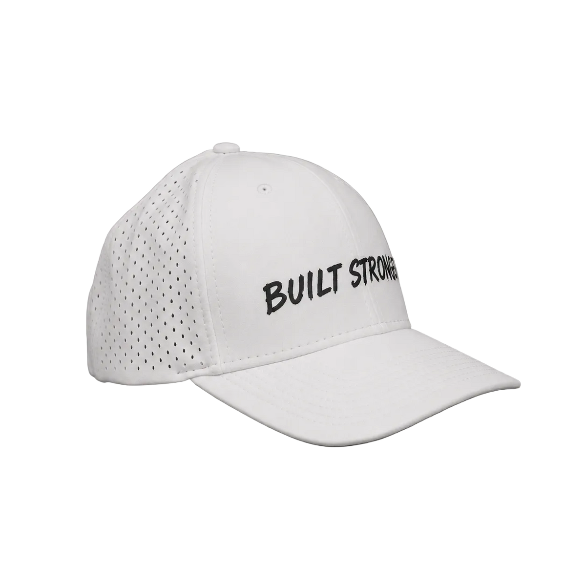 A white structured baseball cap with perforated back panels and the words 'BUILT STRONG' printed in black on the front, set against a solid gray background.