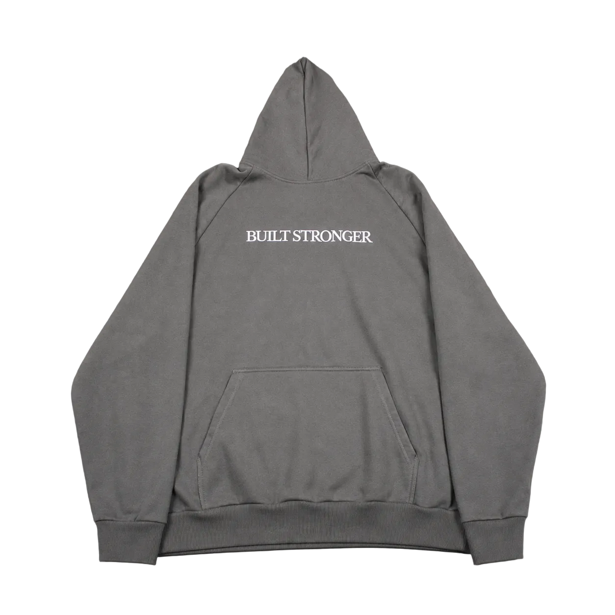 A gray pullover hoodie shown from the back, featuring the words 'BUILT STRONGER' printed in white capital letters across the upper back, laid flat against a matching gray background.