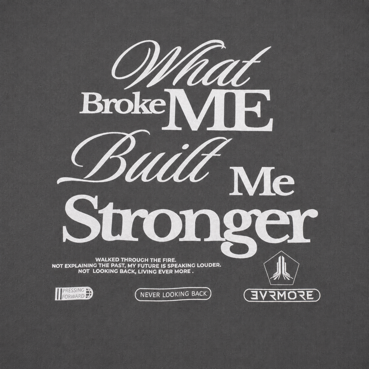 A dark gray graphic print featuring the motivational quote 'What Broke ME Built Me Me Stronger' in white stylized typography, with smaller text and three logo marks at the bottom.