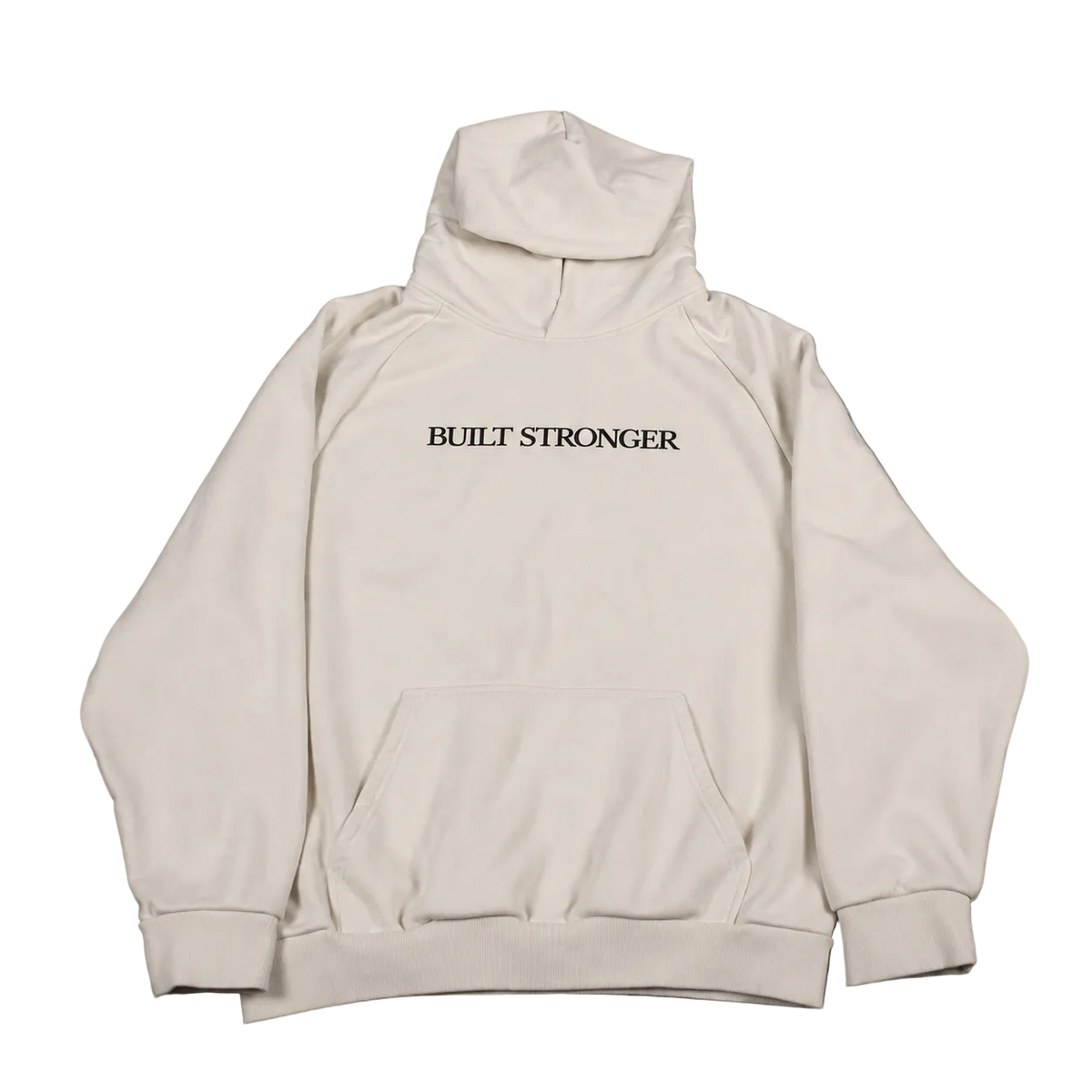 An off-white pullover hoodie with 'BUILT STRONGER' printed in black serif text across the chest, laid flat on a neutral gray background.