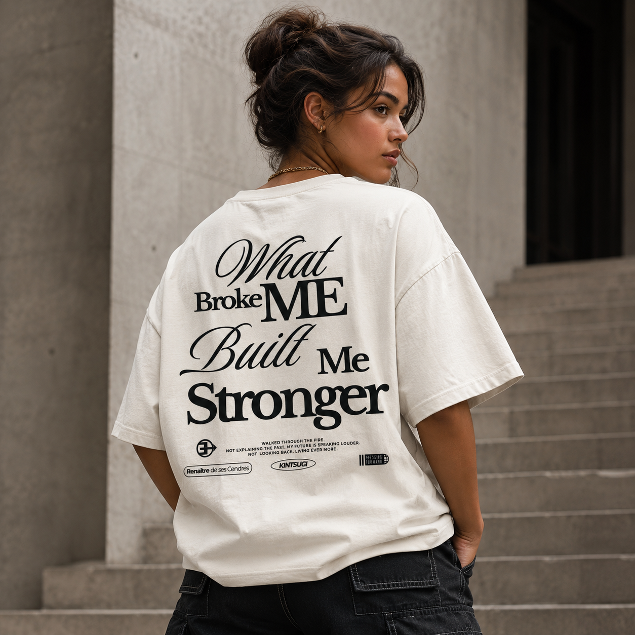 Person wearing a white t-shirt with motivational text on the back, standing outdoors.