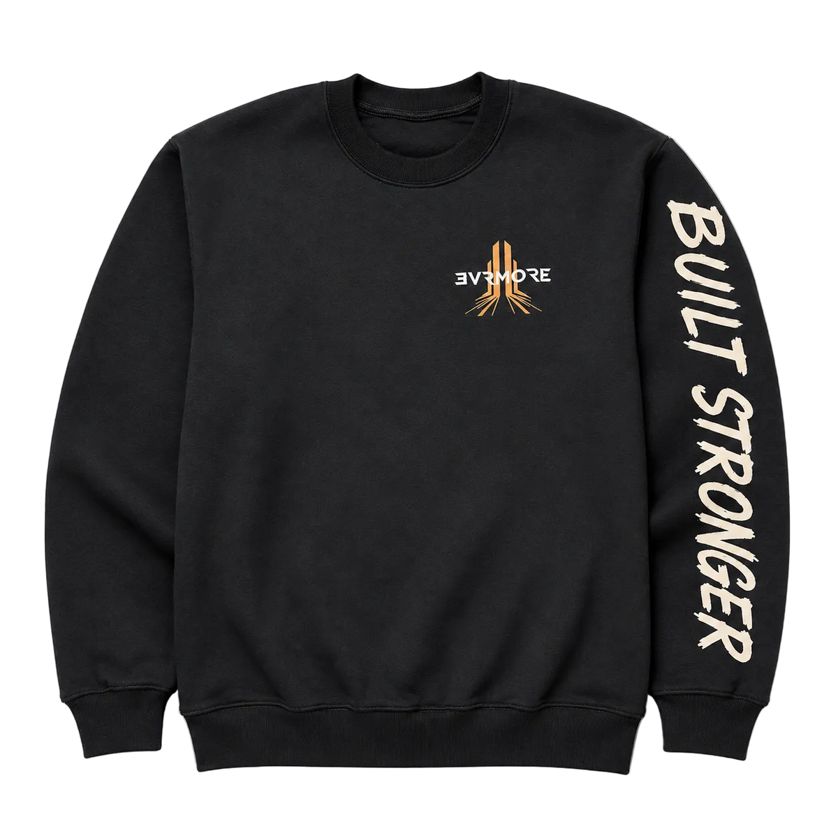 A black crewneck sweatshirt with a small orange and white logo on the center chest and 'BUILT STRONGER' printed vertically in white on the left sleeve, shown against a light gray background.