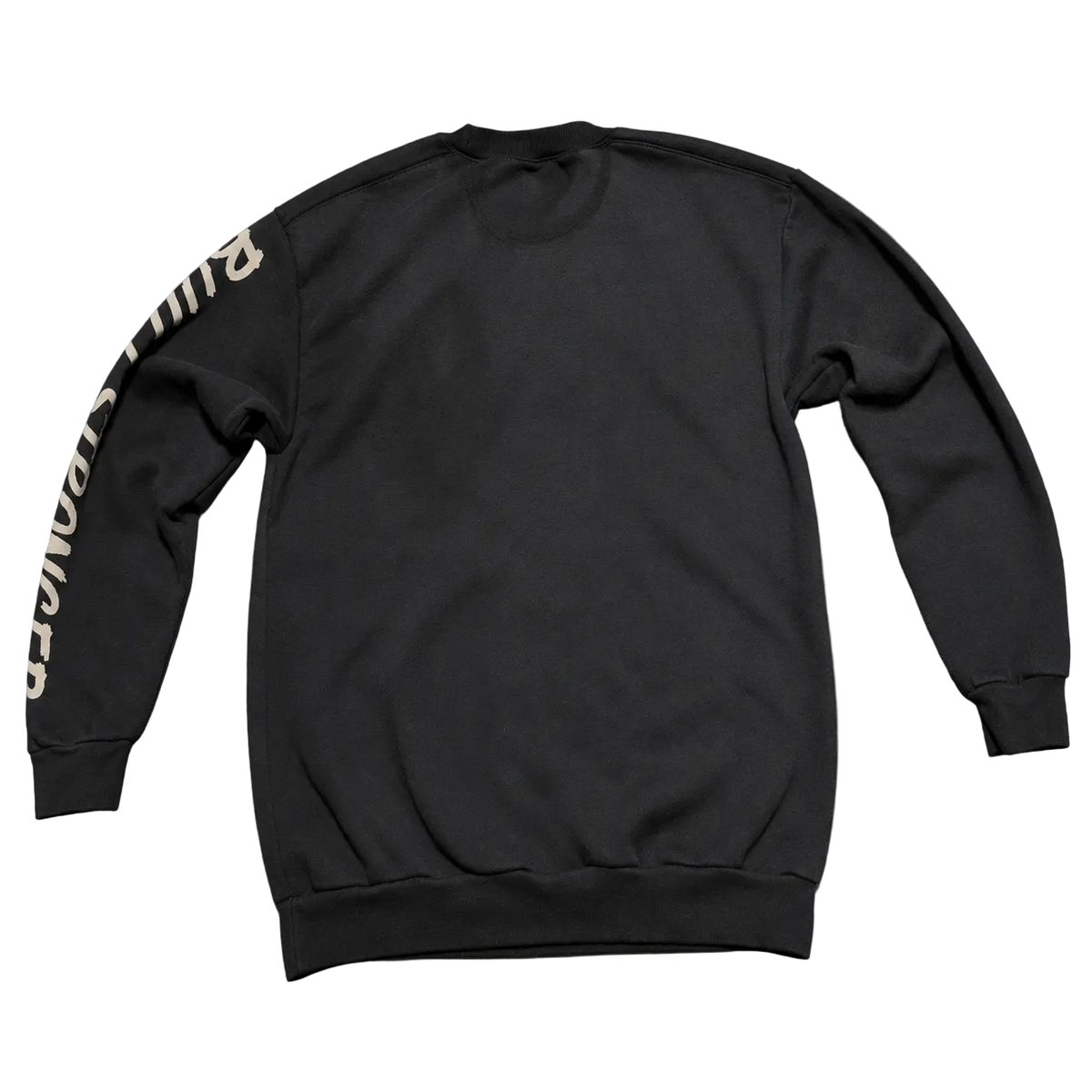 A black crewneck sweatshirt laid flat on a dark gray background, featuring white text printed vertically down the left sleeve.