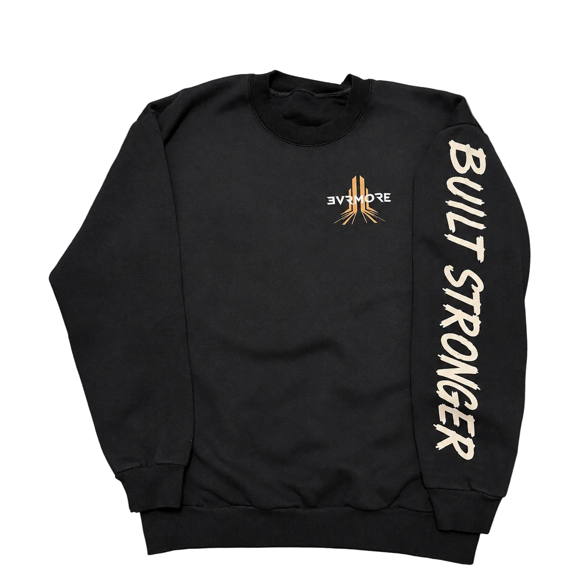 A black crewneck sweatshirt laid flat on a textured gray background. The left chest features a small graphic with the word 'STRENGTH' in white and a gold vertical bar.