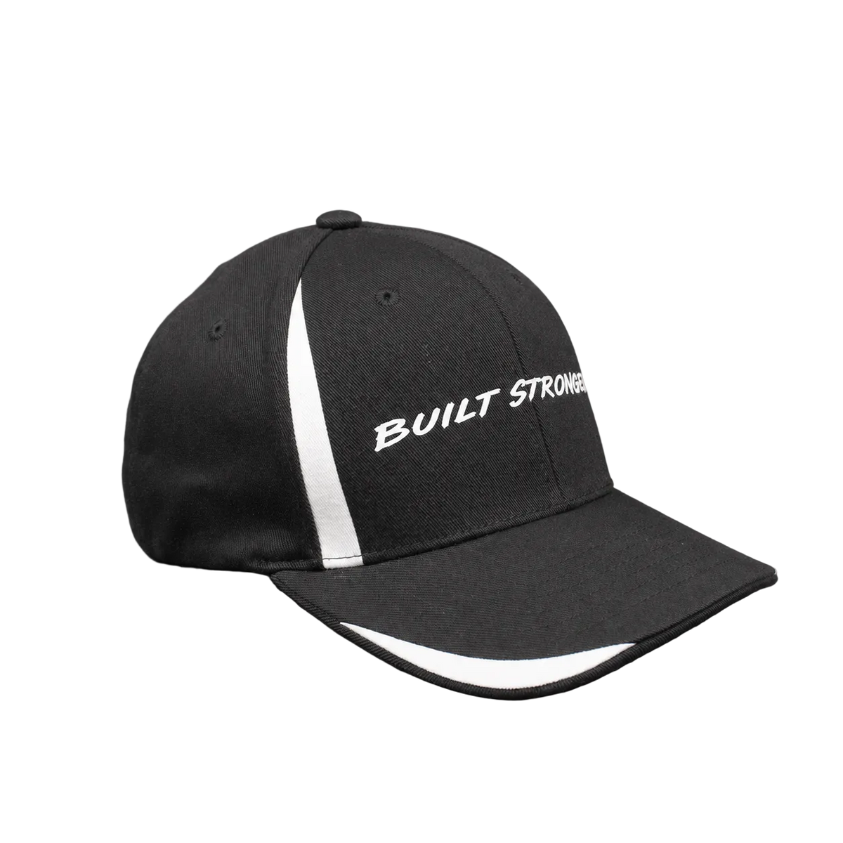 A black baseball cap with a white vertical stripe on the side and white embroidered text reading 'BUILT STRONGER' on the front, photographed on a neutral gray background.