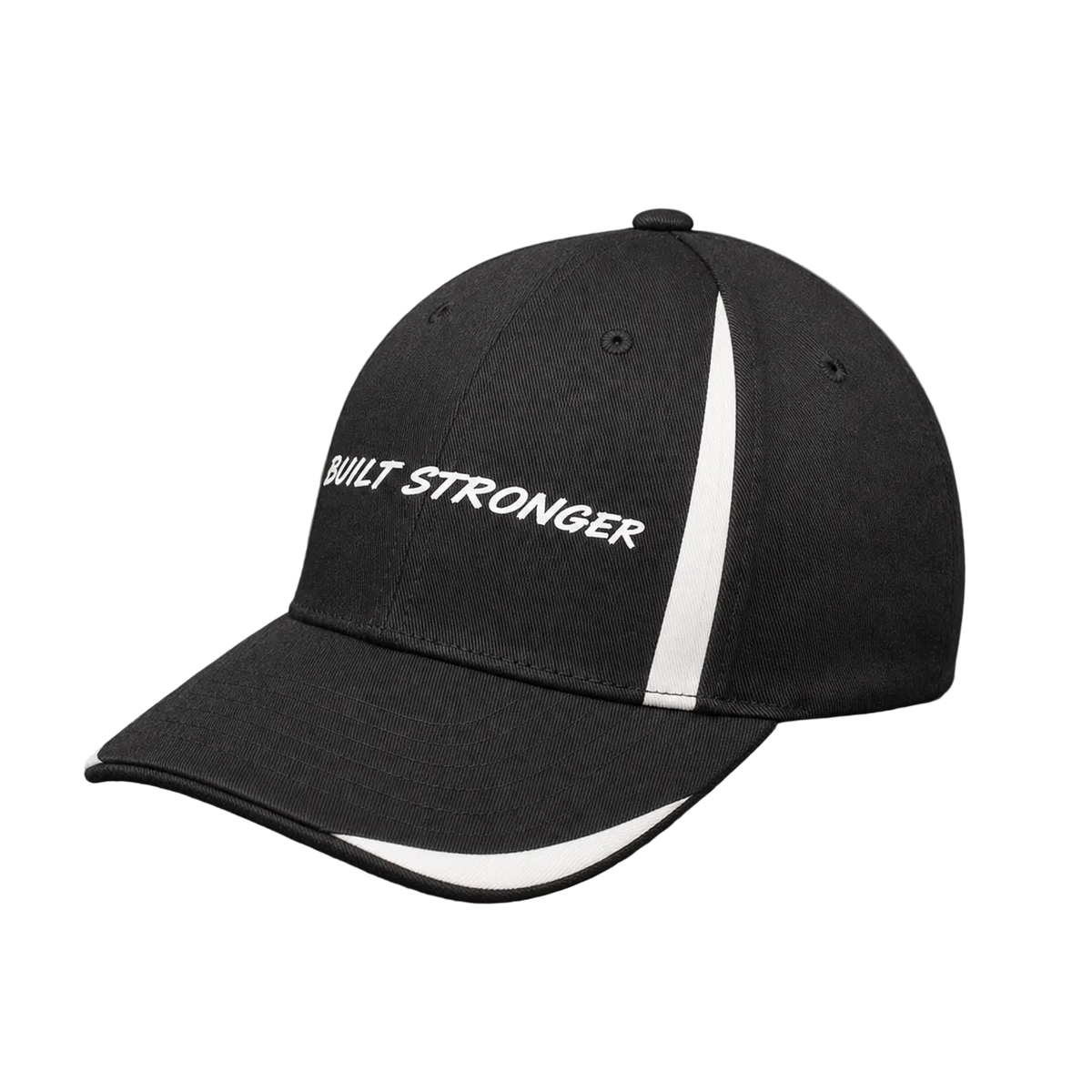 A black baseball cap with white embroidered text reading 'BUILT STRONGER' on the front and a white curved stripe detail on the brim, shown on a dark gray background.