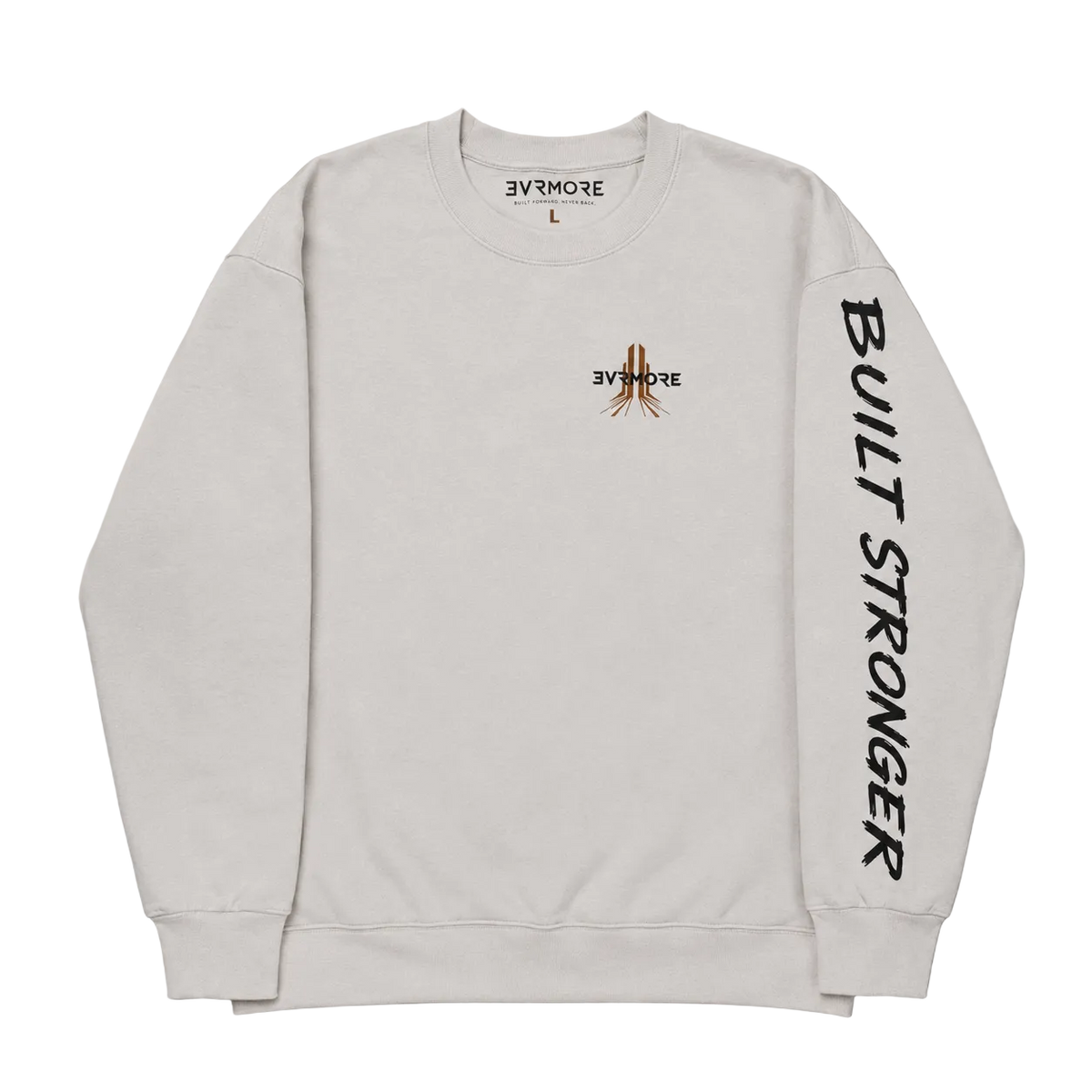 A white crewneck sweatshirt with a small embroidered logo on the left chest and 'BUILT STRONGER' printed vertically in black on the right sleeve, laid flat on a neutral gray background.
