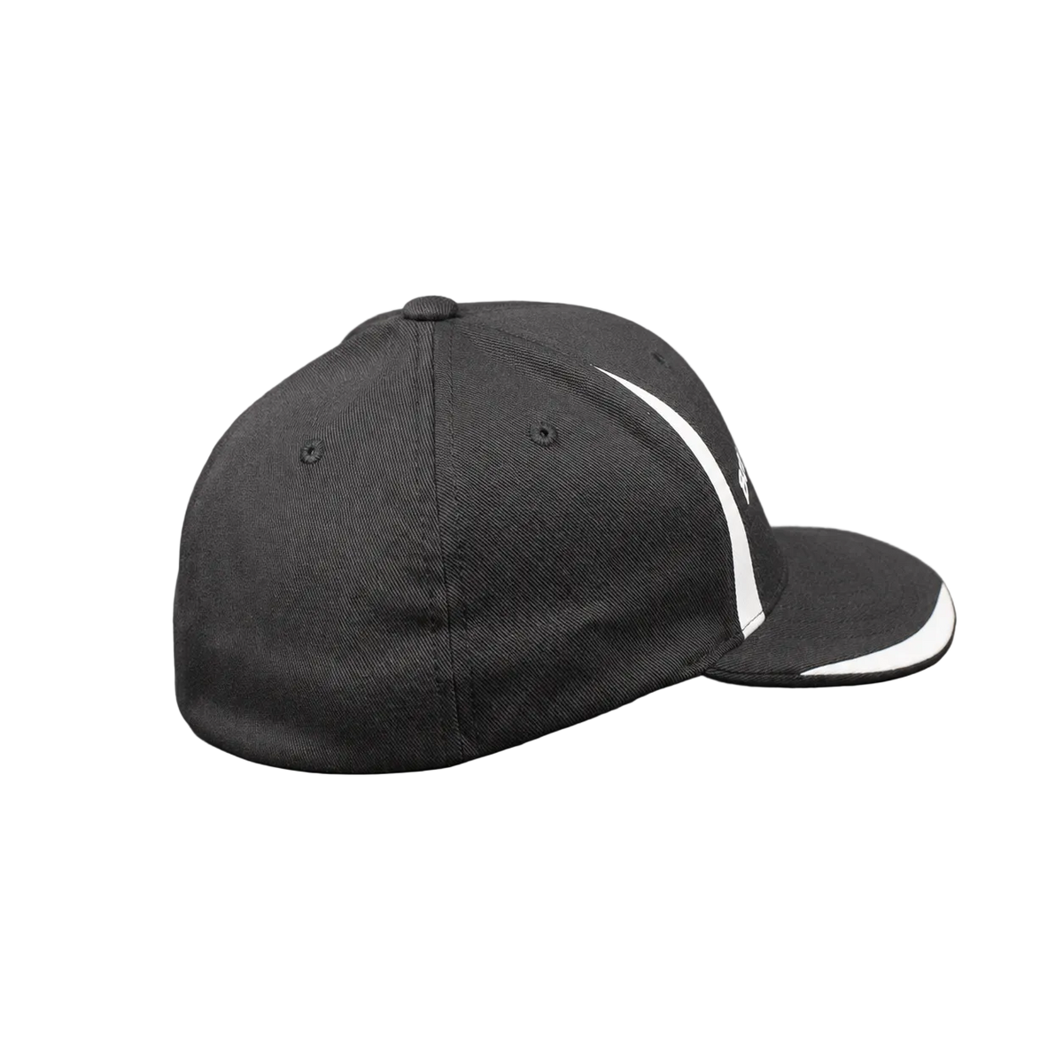 A dark gray structured baseball cap with a curved white stripe detail on the brim, shown from a three-quarters angle against a solid gray background.