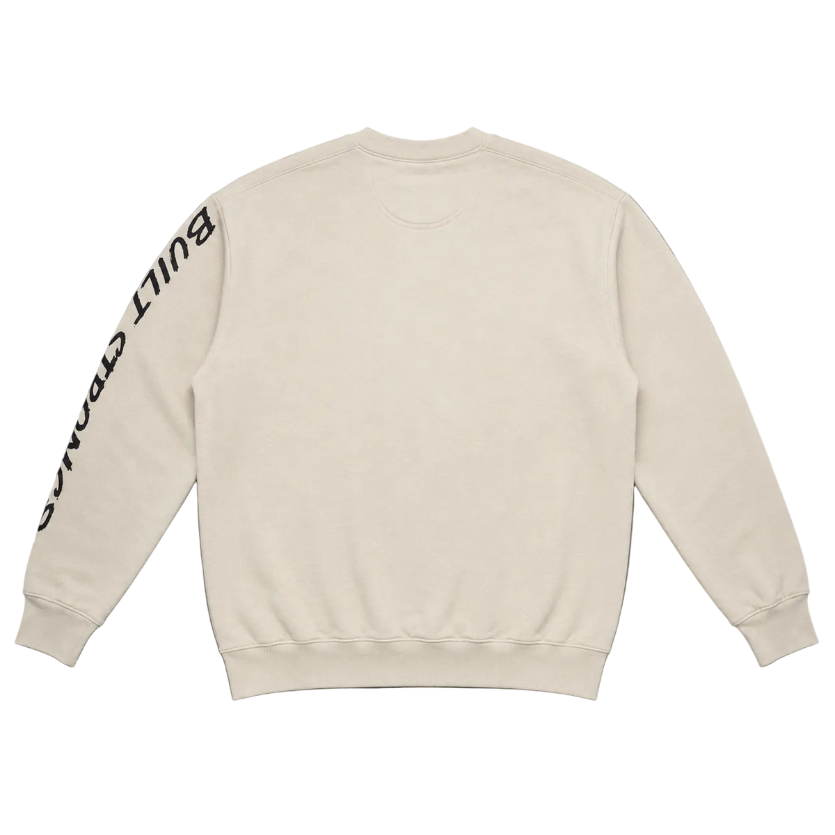 An off-white crewneck sweatshirt shown from the back, featuring a black vertical 'BUILT TO ENDURE' text graphic printed down the left sleeve, laid flat on a gray background.