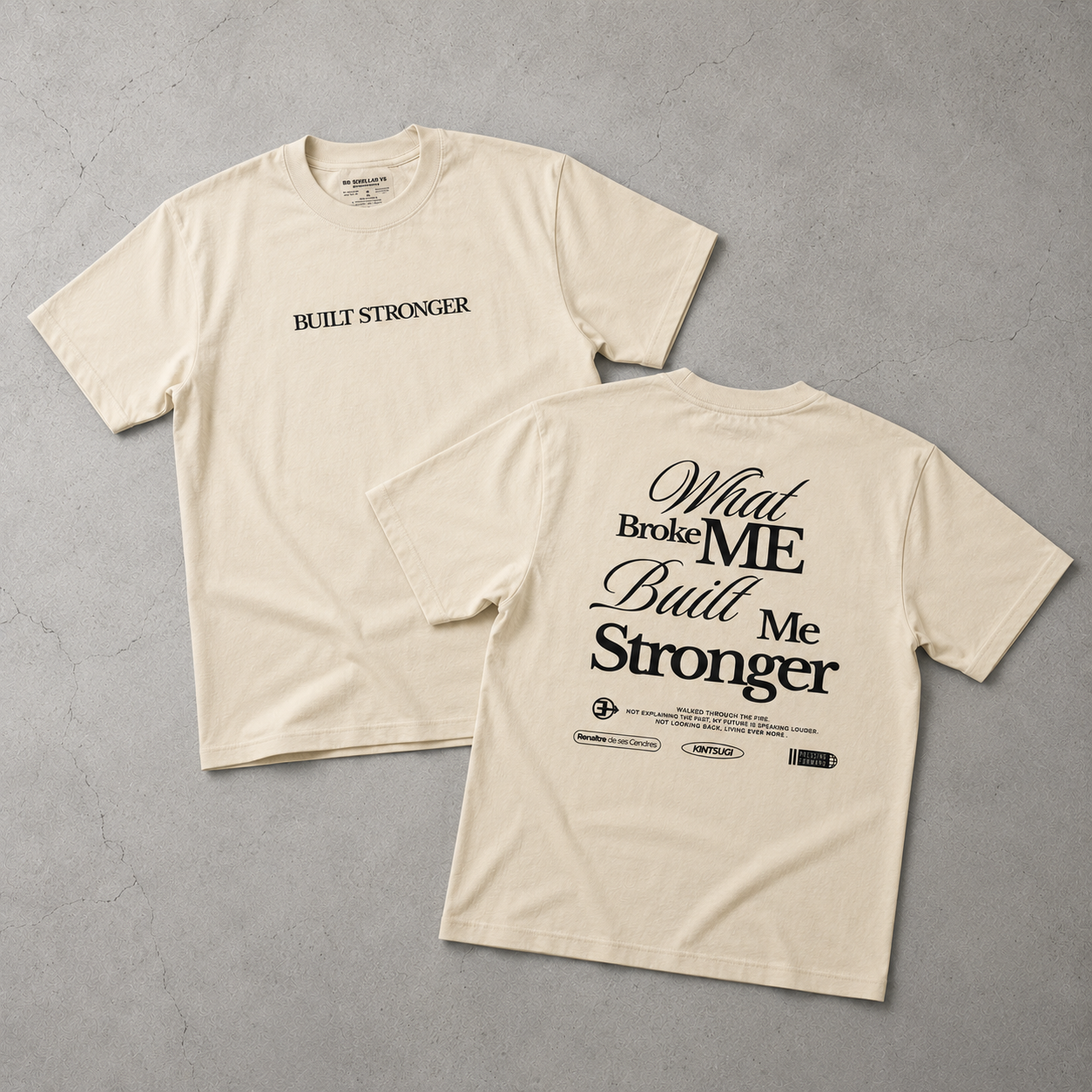 Beige t-shirt with motivational text on a gray surface