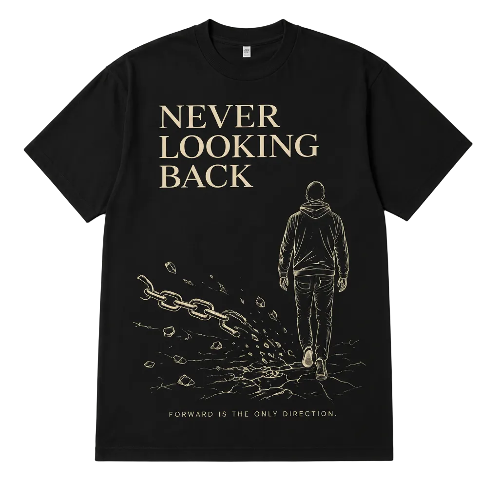 A black short-sleeve graphic t-shirt laid flat on a textured gray background. The shirt features a gold-toned graphic print with the text 'NEVER LOOKING BACK' above an illustration of a person walking forward while breaking a chain, with 'FORWARD IS THE ONLY DIRECTION.