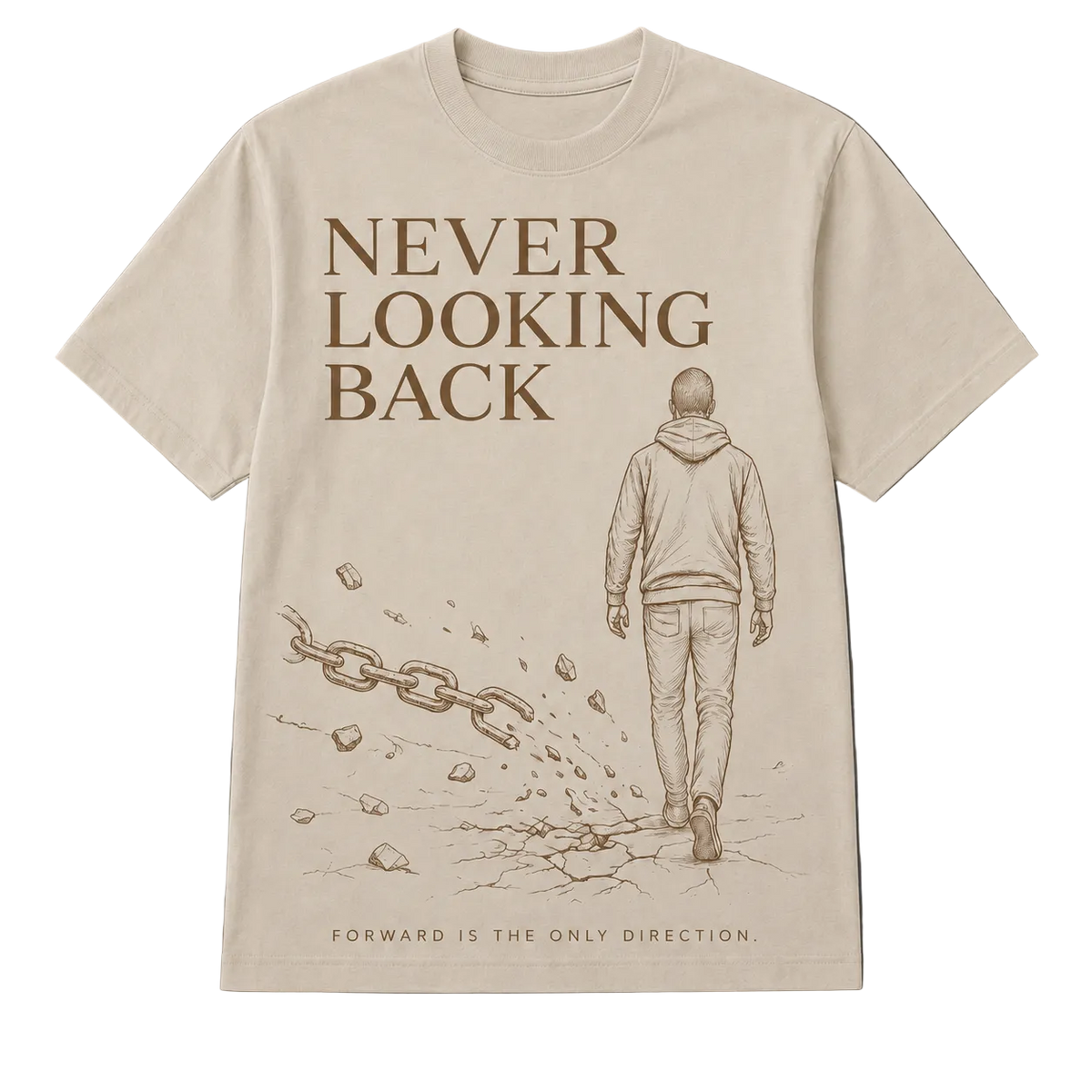 A cream-colored short-sleeve t-shirt with a brown graphic print on the front. The design features the text 'NEVER LOOKING BACK' above an illustration of a person walking forward, breaking a chain, with the phrase 'FORWARD IS THE ONLY DIRECTION' at the bottom.