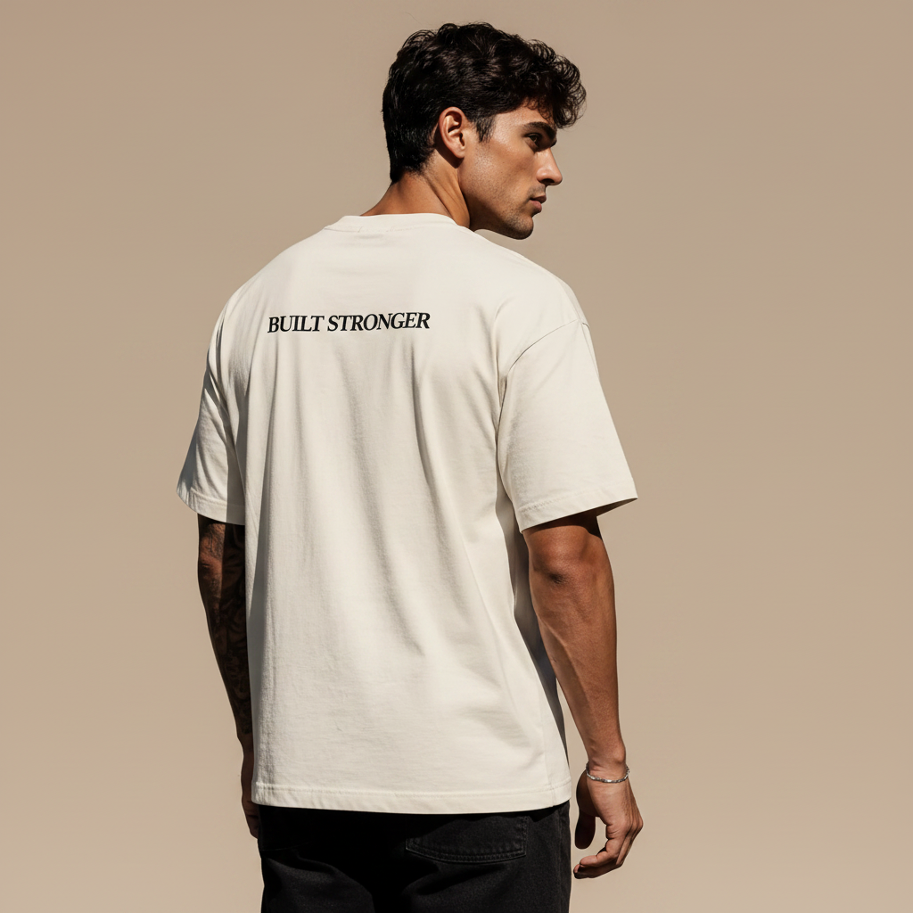 Man wearing a 'Built Stronger' t-shirt against a dark background