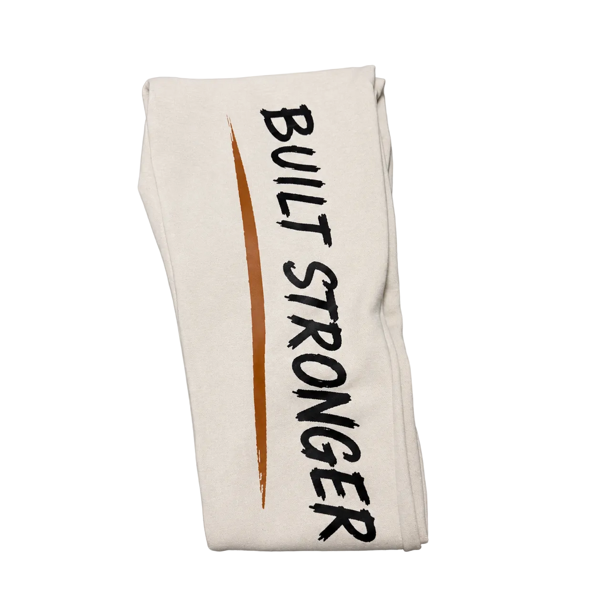 A folded white sweatshirt with 'BUILT STRONGER' printed vertically in black and a brown brushstroke graphic, set against a solid gray background.