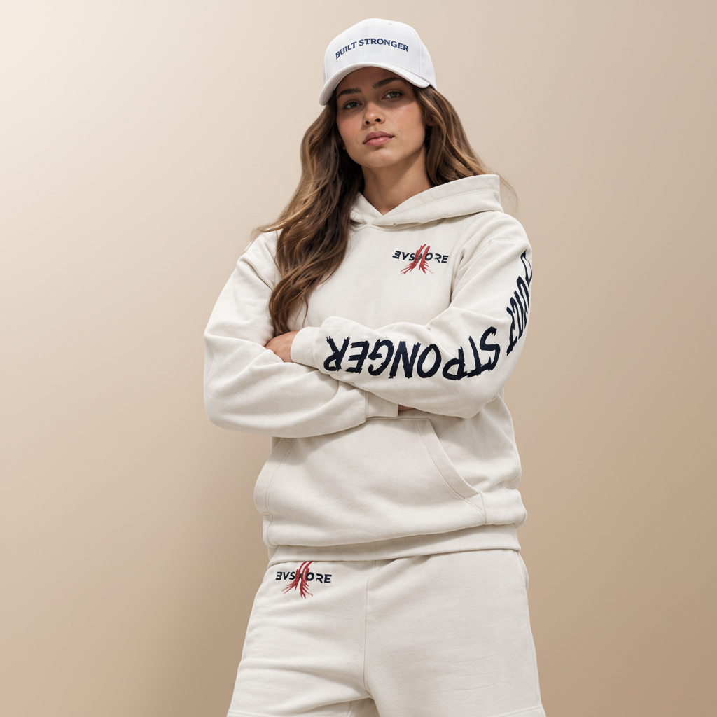 A woman modeling a matching off-white hoodie and sweatpants set with black and red 'BUILT STRONGER' text graphics, a white cap, and black sneakers against a plain white background.