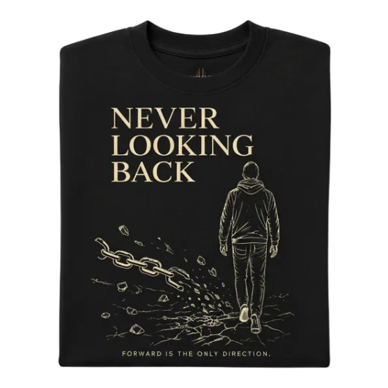 A folded black t-shirt with a gold graphic print featuring the text 'NEVER LOOKING BACK' and 'FORWARD IS THE ONLY DIRECTION.' alongside an illustration of a person walking away, a broken chain, and scattered diamonds.