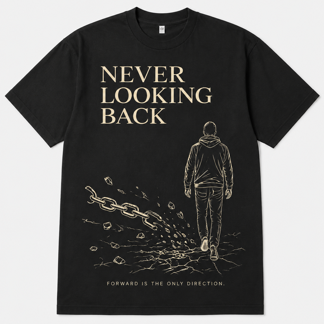A black short-sleeve graphic t-shirt with a gold-toned print featuring the text 'NEVER LOOKING BACK' and an illustration of a person walking away with a broken chain, on a light gray background.