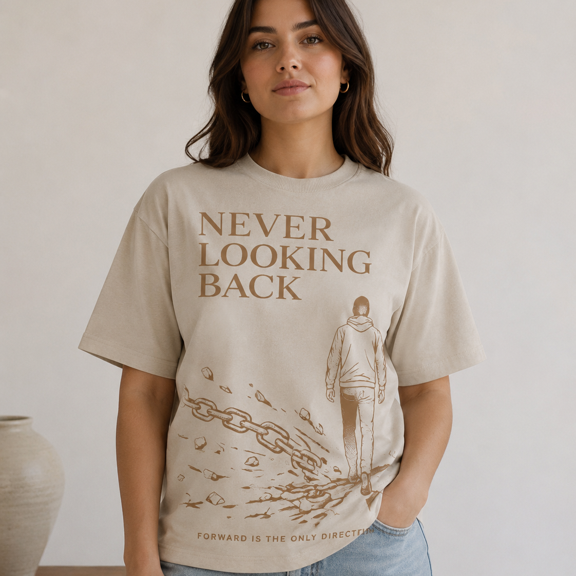 A woman wearing a beige graphic t-shirt with brown text reading 'NEVER LOOKING BACK' and a line drawing of a person walking forward, paired with light blue jeans, standing against a neutral beige wall.
