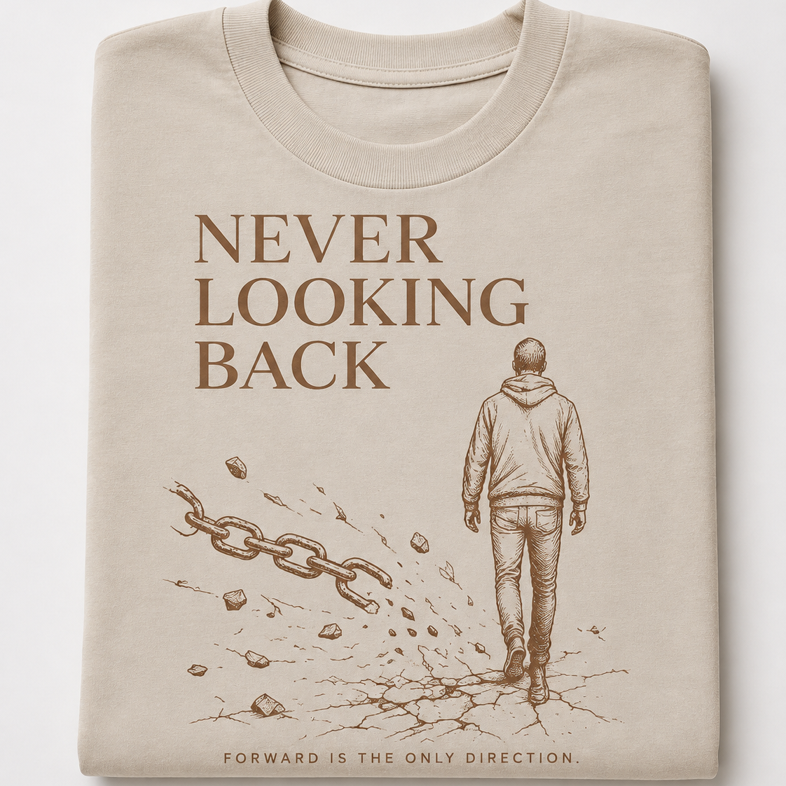A folded beige t-shirt with a brown graphic print featuring the text 'NEVER LOOKING BACK' and 'FORWARD IS THE ONLY DIRECTION.' above an illustration of a person walking forward with a broken chain.