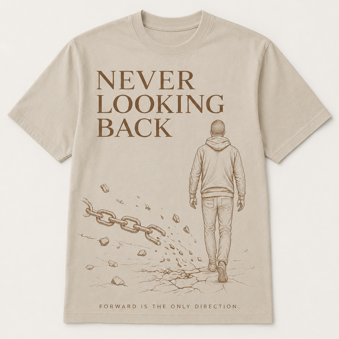 A beige short-sleeve crewneck t-shirt featuring a brown graphic print of a man walking away from a broken chain, with the text 'NEVER LOOKING BACK' and 'FORWARD IS THE ONLY DIRECTION'.