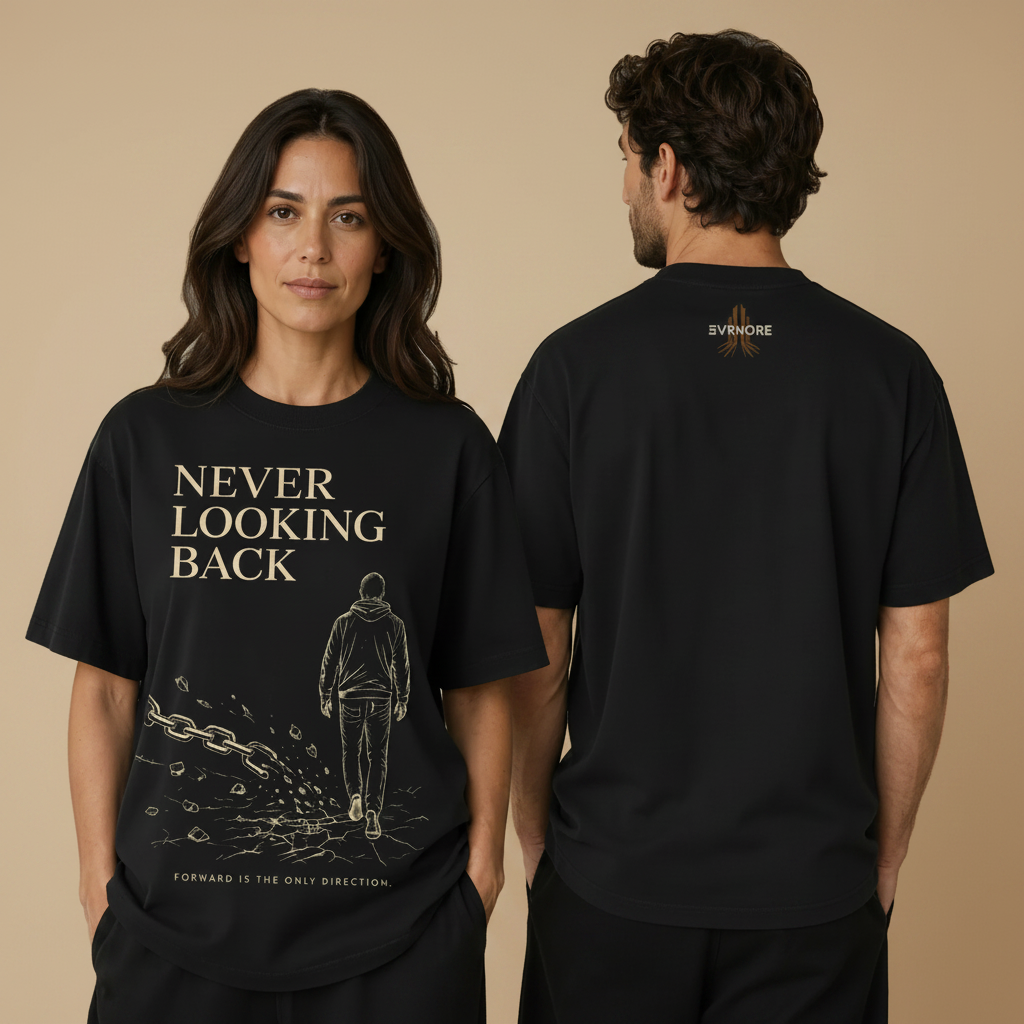 A man and a woman modeling black graphic t-shirts in a minimalist indoor setting. The woman shows the front of the shirt, which features the text 'NEVER LOOKING BACK' and a sketch of a person walking forward.