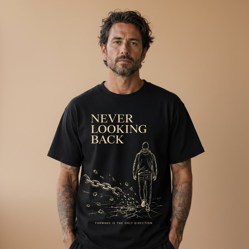 A man wearing a black graphic t-shirt with the text 'NEVER LOOKING BACK' and a gold illustration of a person walking forward, paired with black pants, standing in a minimalist indoor setting.