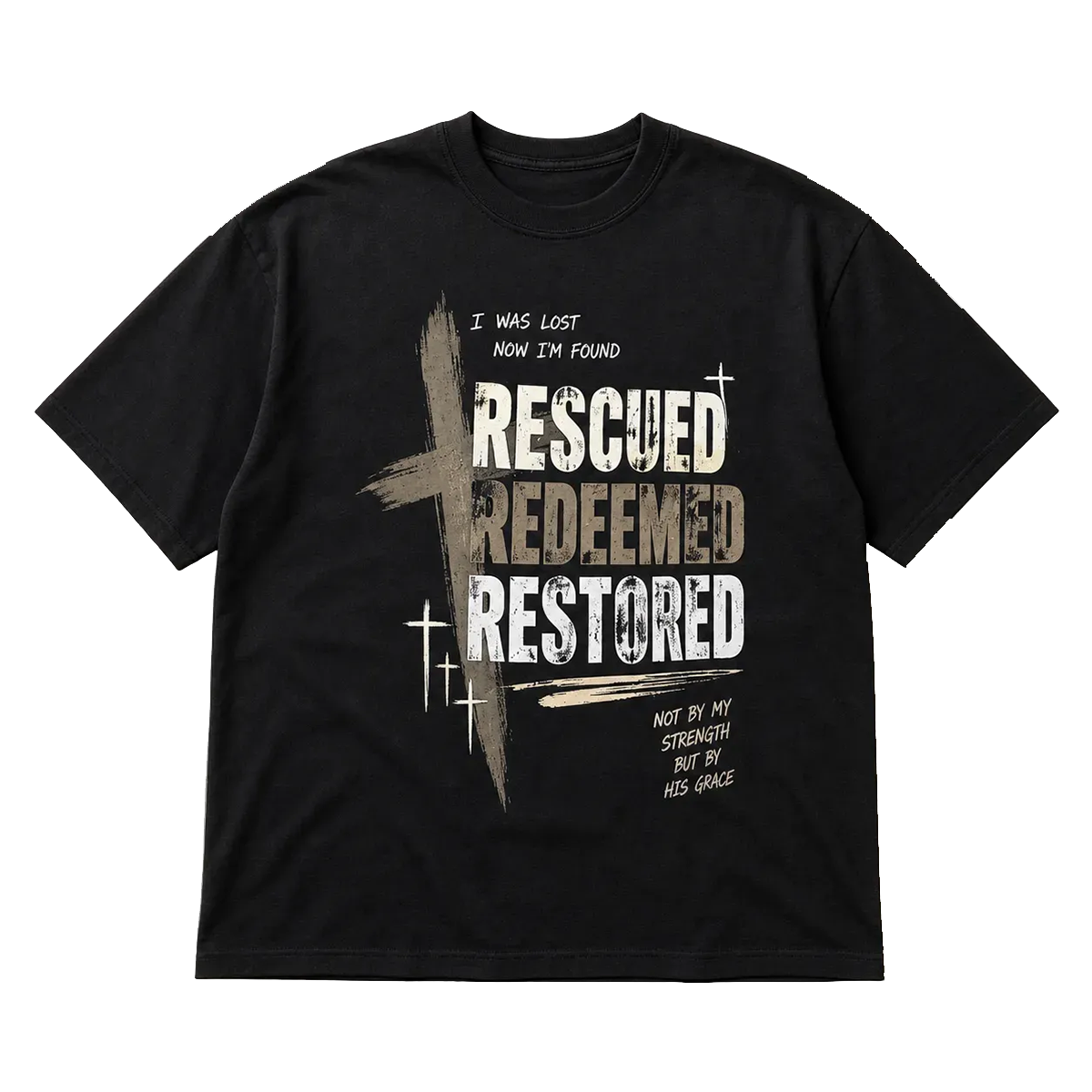 A black short-sleeve graphic t-shirt with a distressed Christian-themed print reading 'RESCUED REDEEMED RESTORED' and 'NOT BY MY STRENGTH BUT BY HIS GILES' alongside crosses, shown on a plain white background.
