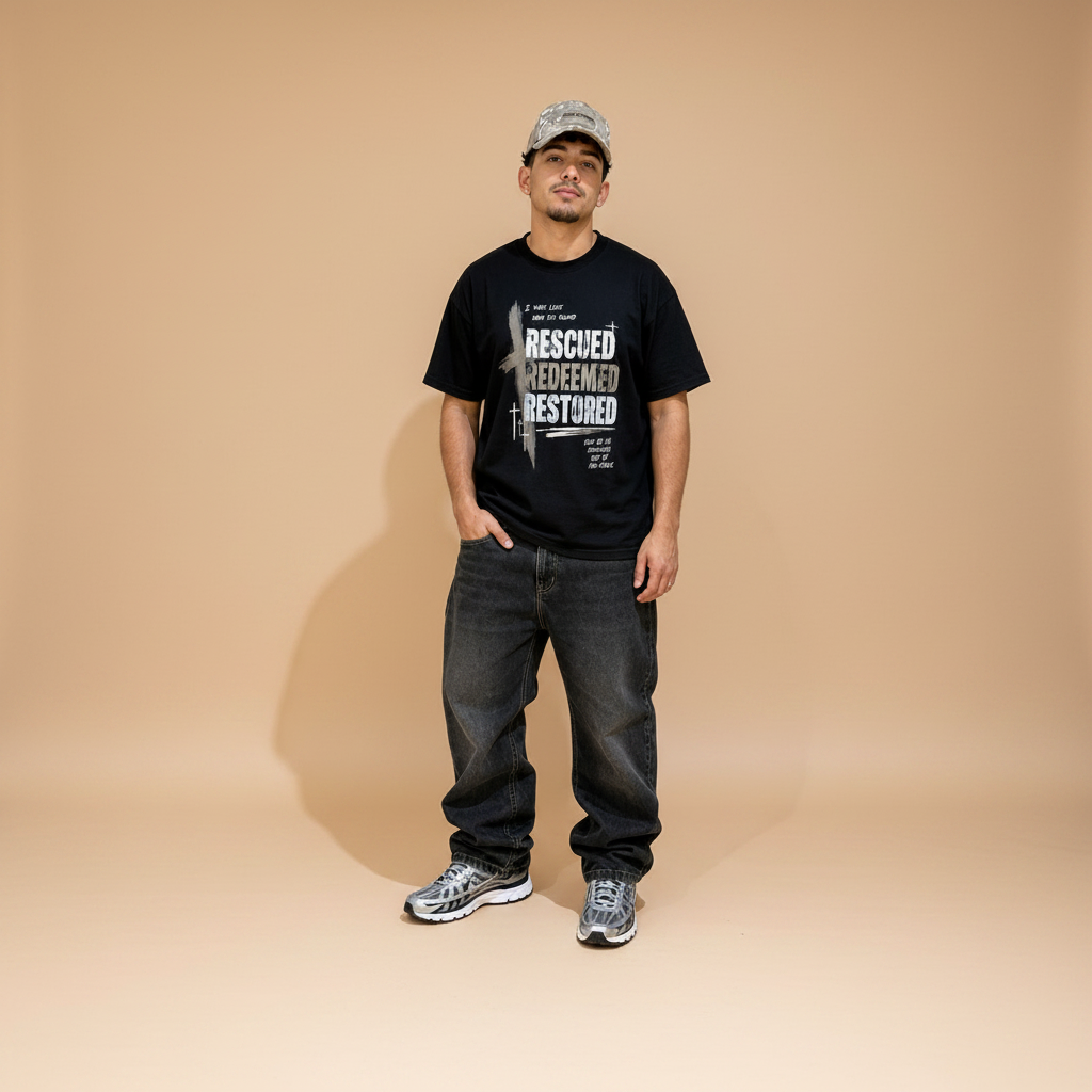 A man wearing a black graphic t-shirt with white text, dark gray jeans, and a camouflage baseball cap stands in a room with a gray wall and light wood floor.