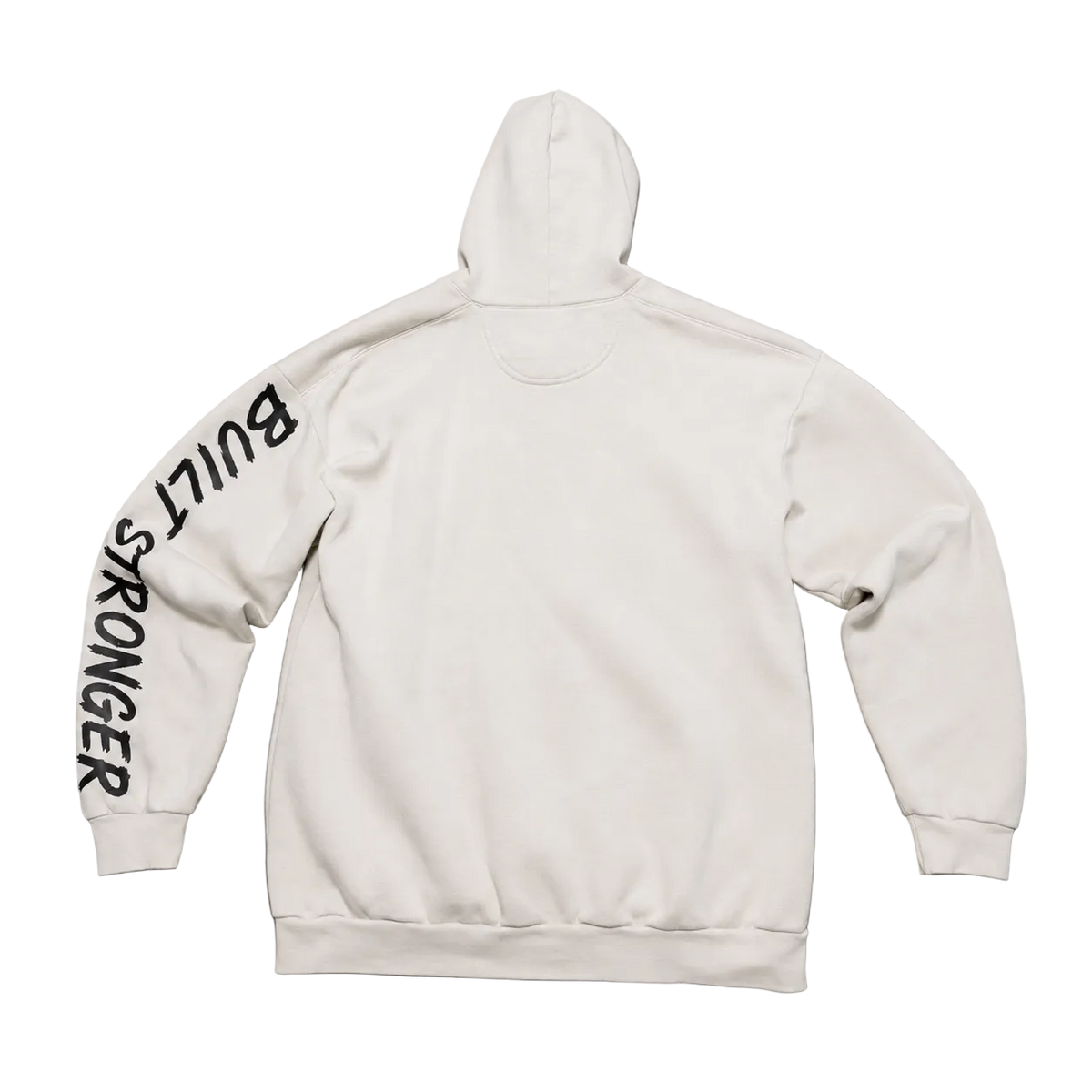 A white hooded sweatshirt shown from the back, laid flat on a neutral gray background. The left sleeve features the text 'BUILT STRONGER' printed vertically in black.