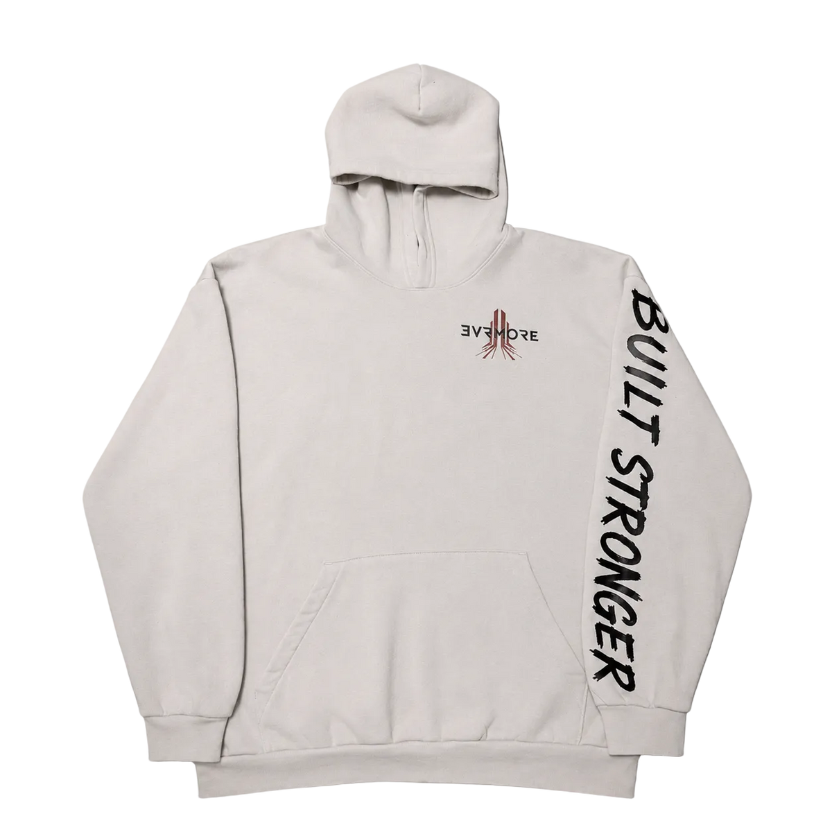 A white pullover hoodie laid flat on a neutral gray background. The hoodie features a black vertical 'BUILT STRONGER' text print on the right sleeve and a small red and black '30 DAYS' graphic on the left chest.