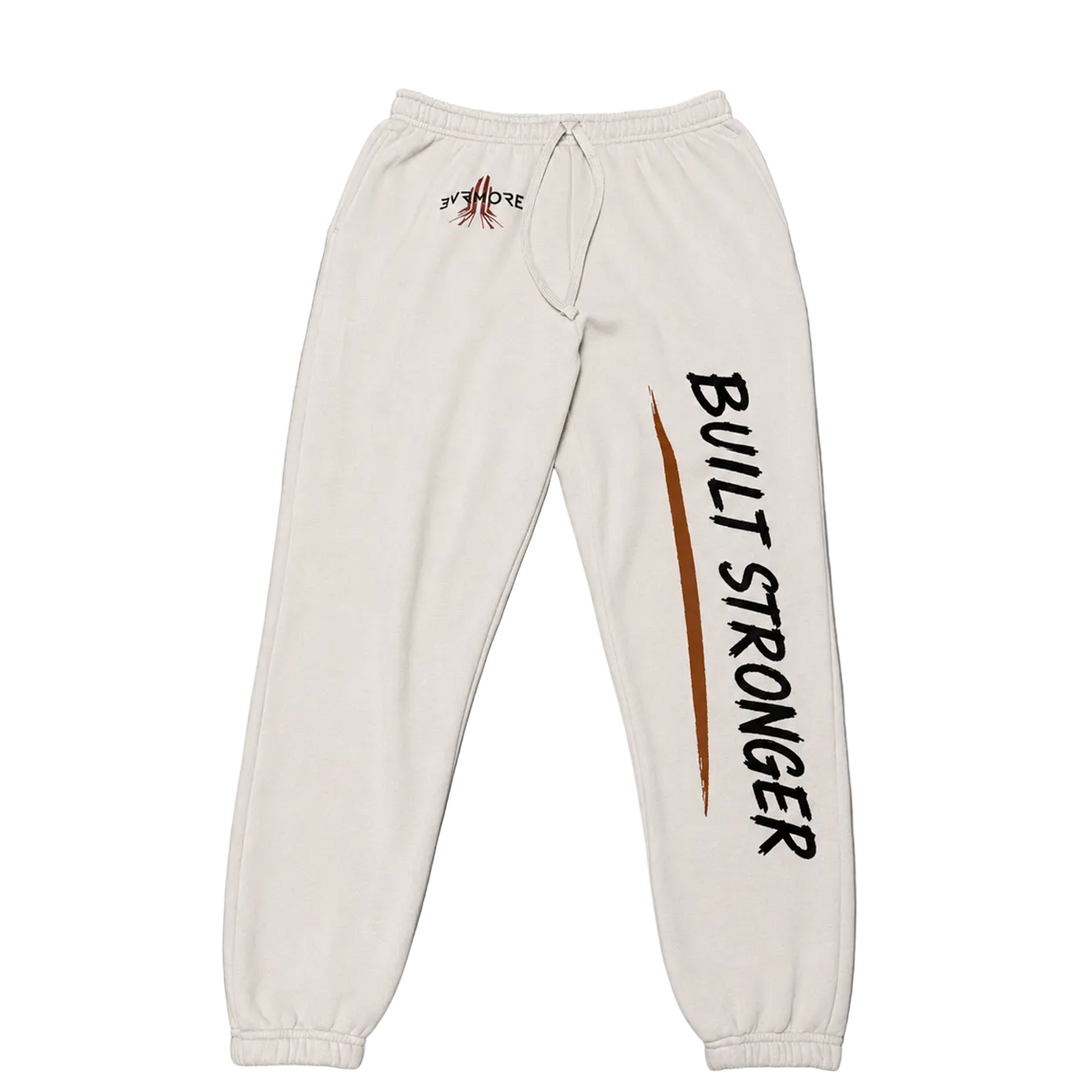Off-white sweatpants with a drawstring waist and elastic cuffs, featuring 'BUILT STRONGER' printed vertically in black on one leg with a brown brushstroke accent, and a small red and black logo on the opposite thigh, laid flat on a gray background.