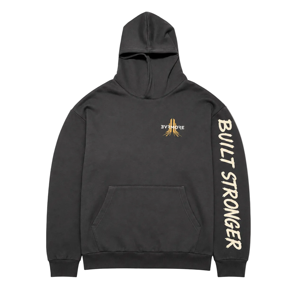 A dark gray hooded sweatshirt with a small gold and white '3YHOSE' logo on the left chest and 'BUILT STRONGER' printed vertically in white on the right sleeve, shown against a solid gray background.