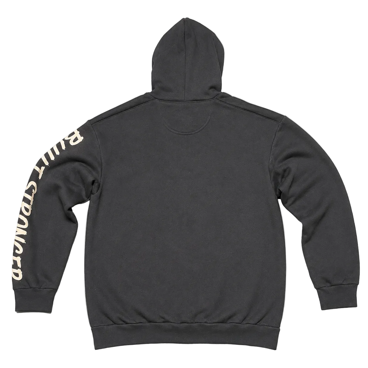 A dark gray hooded sweatshirt shown from the back, featuring a large white 'Built to Break' logo printed vertically down the left sleeve, laid flat on a neutral gray background.