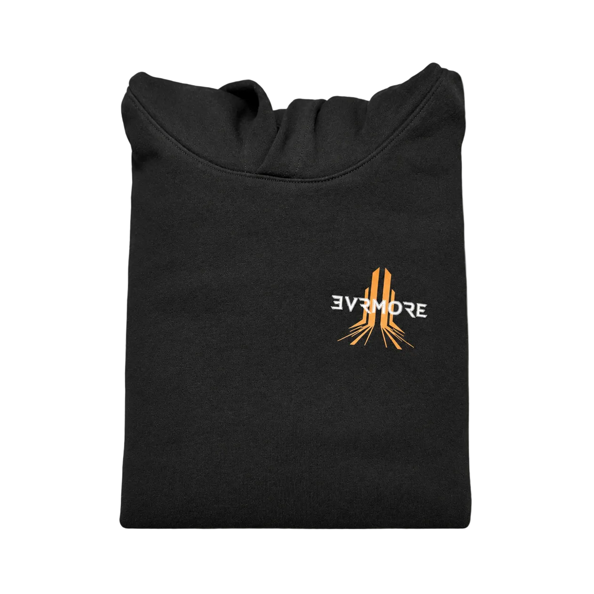 A folded black t-shirt with a small graphic on the chest, featuring the word 'EVERMORE' in white alongside an orange and white abstract design, set against a solid gray background.