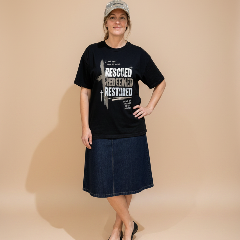 A woman stands in a room wearing a black graphic T-shirt with white text reading 'Rescued Redeemed Restored' and a dark denim midi skirt, paired with black flats and a camouflage cap.
